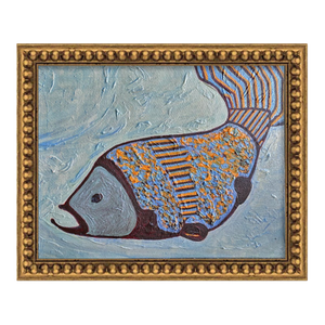 Golden Current – Framed Fish Painting, Original Acrylic & Oil Artwork, Modern Minimalist Nautical Wall Art, 12.5 X 15.5