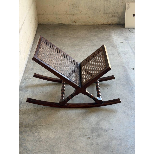 Wood Danish Modern Rocking Magazine Rack in Dark Wood and Cane Denmark 1960s For Sale - Image 7 of 8
