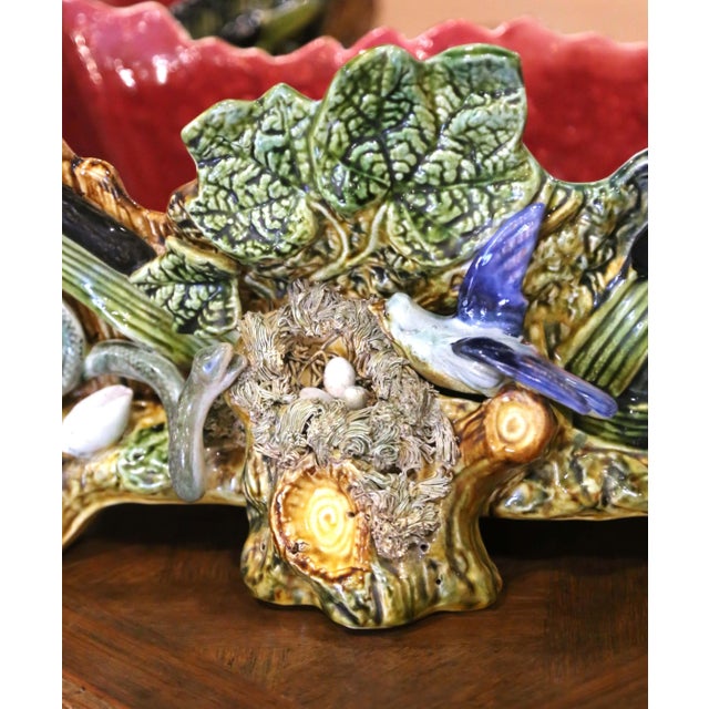 Late 19th Century Pair 19th Century French Palissy-Style Barbotine Majolica Bird Jardinières For Sale - Image 5 of 13