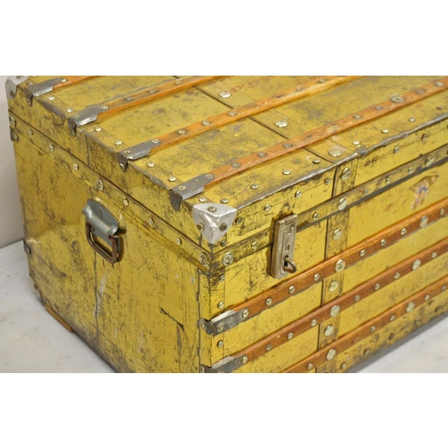 Victorian Early 1900s Antique Victorian Brass Clad Wooden Band Train Trunk Storage Treasure Chest For Sale - Image 3 of 11