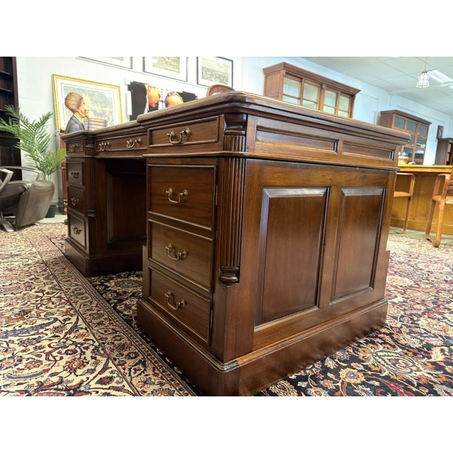 Brown English Partner Desk in Teak and Leather For Sale - Image 8 of 18