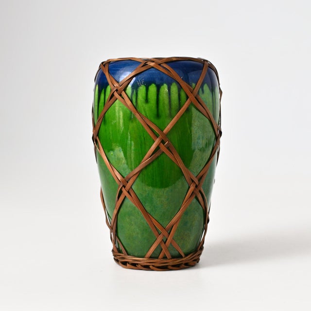 Early 20th century Japanese Awaji pottery vase. Made of green and blue glazed earthenware, hand-wrapped with cane.