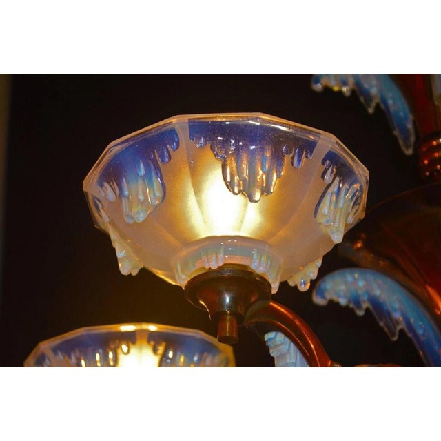 French Art Deco Ezan Six-Light Opalescent Glass Stalactite Chandelier, 1930 For Sale - Image 14 of 18