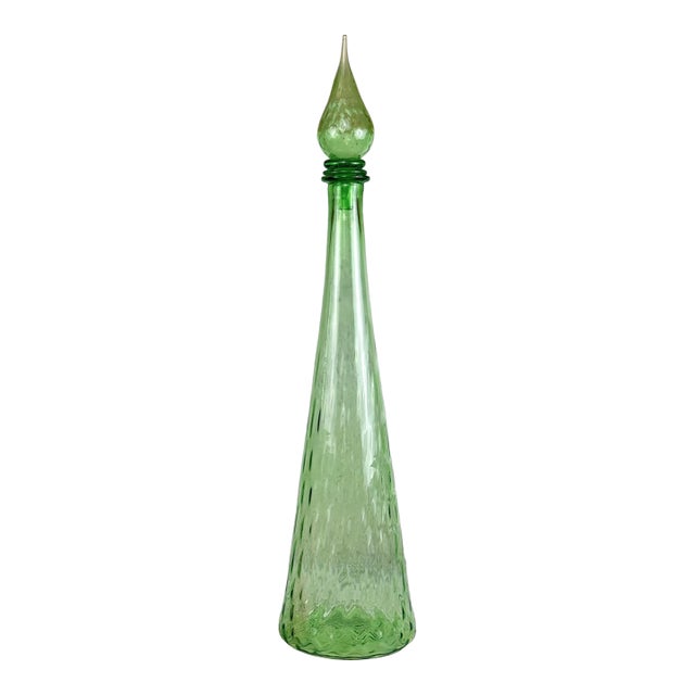 Mid 20th Century 24″ Italian Empoli Green Optic Art Glass Genie Bottle For Sale