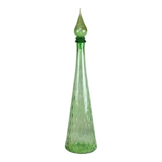 Mid-Century 24″ Italian Empoli Green Optic Art Glass Genie Bottle For Sale