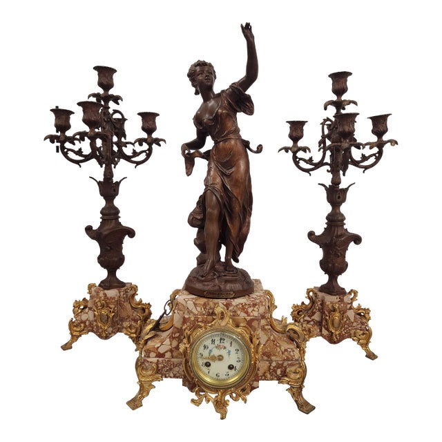 Fabulous French Bronze Trio Antique Clock and 2 Candelabras For Sale
