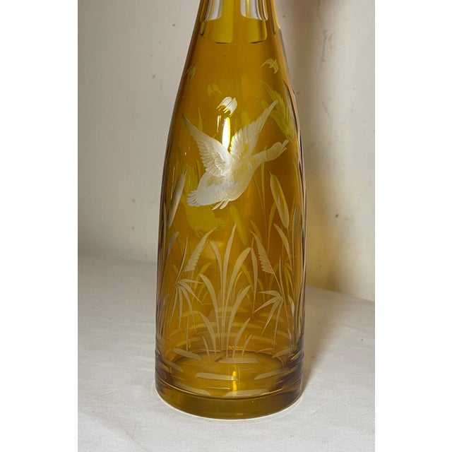 Glass Antique Yellow Cut to Clear Czech Bohemian Crystal Glass Liquor Decanter Bottle For Sale - Image 7 of 13