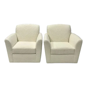 Pair of Mid-Century Modern Square White Boucle Rocking Lounge / Swivel Chairs