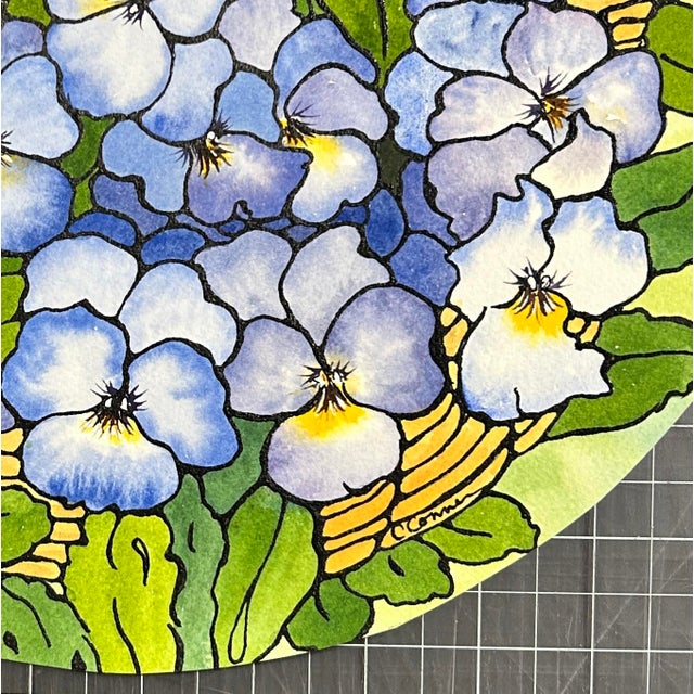 Paper Original Watercolor Ink and Wash Painting of a “Basket of Violas” For Sale - Image 7 of 12