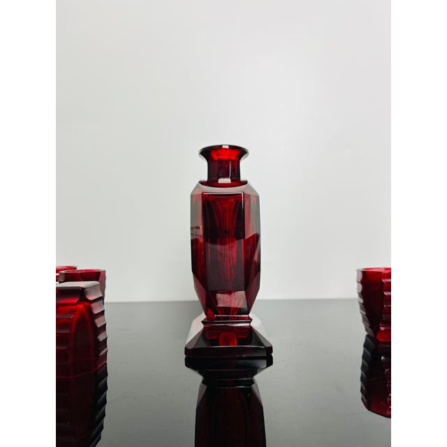 1930s Art Deco Ruby Red Glass Decanter with Six Shot Glasses from Moser, Czechoslovakia, 1930, Set of 7 For Sale - Image 5 of 12