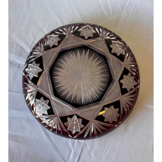 Glass Antique Czech Bohemian Ruby Red Art Deco Hand Cut to Clear Crystal Plate Featuring Starburst Geometric Patterns , C. 1920 For Sale - Image 7 of 8
