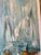Mid-century modern, signed Edna Glaubman abstract expressionism oil painting features sailboats in shades of blue and...
