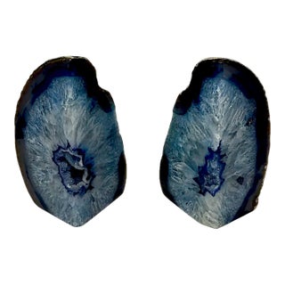 Vintage Brazilian "Blue Shot Eyes" Polished Dyed Agate Geode Bookends - A Pair For Sale