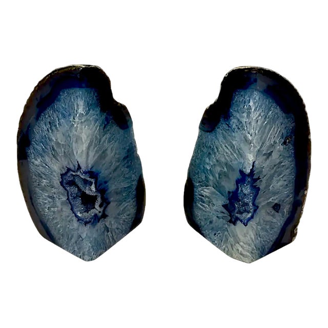 Vintage Brazilian "Blue Shot Eyes" Polished Dyed Agate Geode Bookends - A Pair For Sale