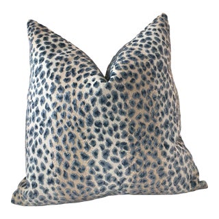 Cowtan and Tout Ocelot Raised Azure Blue Velvet Cheetah Lumbar Pillow 12" x 24" - Single For Sale