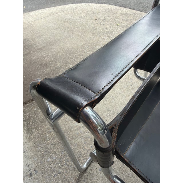 Metal Pair of Vintage Italian Black Leather & Chrome Wassily-Style Lounge Chairs For Sale - Image 7 of 8