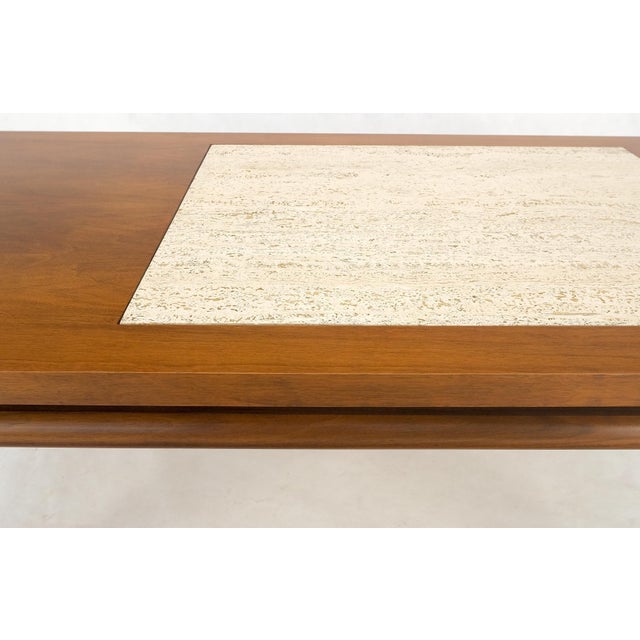 Wood Floating Walnut Top Travertine Insert Tapered legs Rectangle Coffee Table For Sale - Image 7 of 10