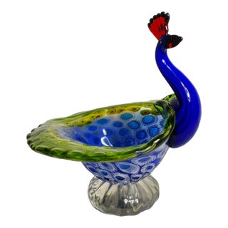 Murano Millefiori Vintage Hand Blown Glass Multi Colored Peacock For Sale