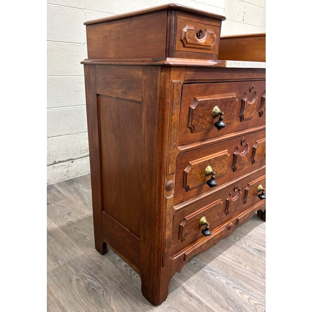 Antique Victorian Eastlake Burled Wood Marble Inlay Gentleman’s Dresser Commode For Sale - Image 4 of 11