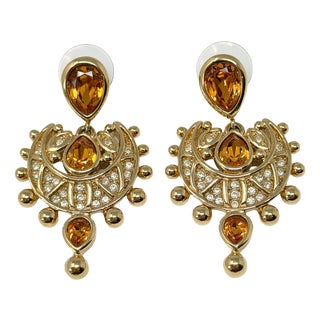 Mughal Style Gold-Plated and Rhinestone Earrings from Christian Dior, Early 1990s, Set of 2 For Sale