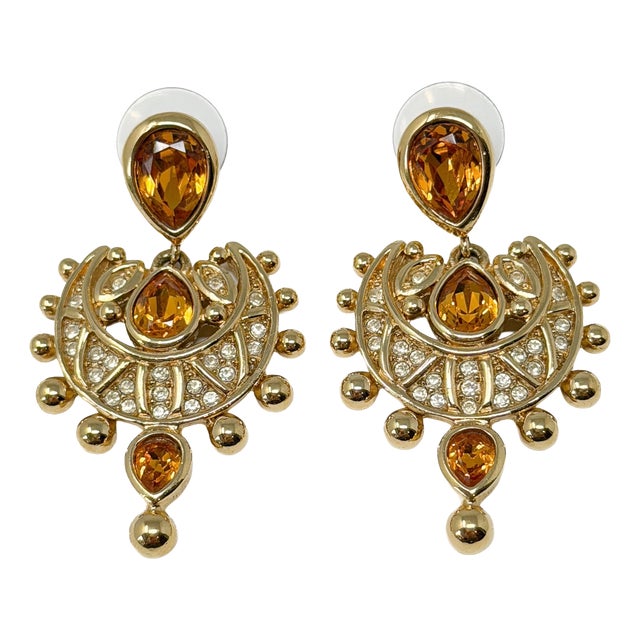 Mughal Style Gold-Plated and Rhinestone Earrings from Christian Dior, Early 1990s, Set of 2 For Sale