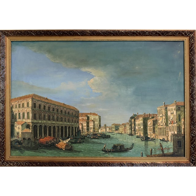This vintage Venetian cityscape oil painting by S. Hofner presents a classic view of Venice’s Grand Canal, animated by...