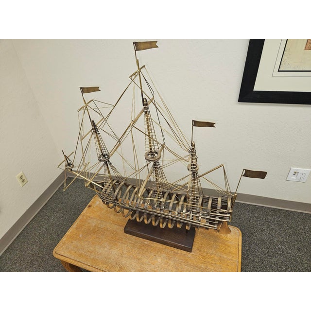 Curtis Jere Brass Tall Ship Sculpture on Wooden Stand, Signed & Dated “C. Jere ’80” For Sale - Image 4 of 18