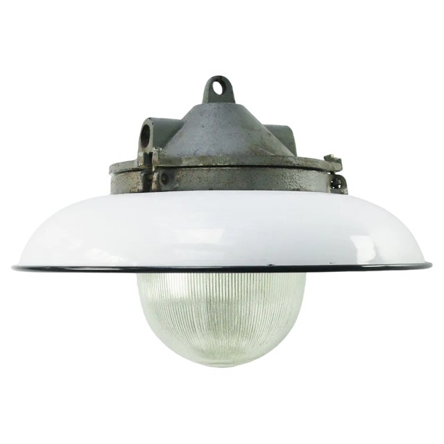Vintage Industrial White Enamel, Cast Iron & Holophane Glass Pendant Light For Sale