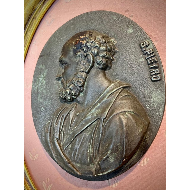 Gesso Medallions of Saints Peter and Paul in Gilded Oval Frames with Silk Panels, 1890s For Sale - Image 6 of 18