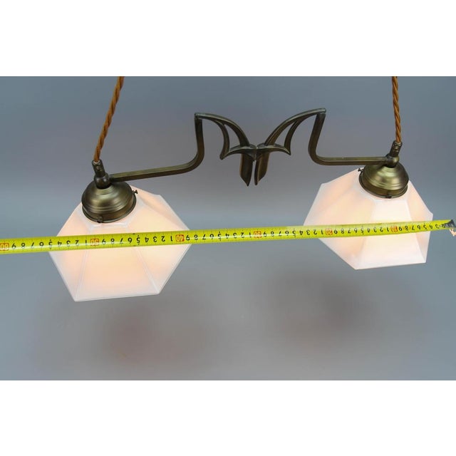 Art Nouveau Brass and White Glass Two-Light Pendant Chandelier, 1950s For Sale - Image 15 of 18