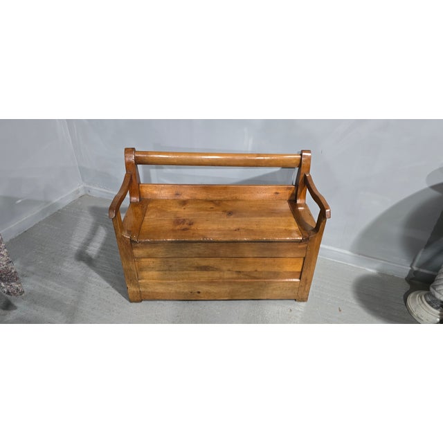 A super French cherrywood monks bench or hall bench, solid panels with lift and slide lid, excellent colour and lovely...