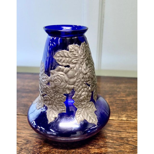 Art Nouveau Cobalt Blue Vase with Pewter Overlay, 1900s For Sale - Image 4 of 7