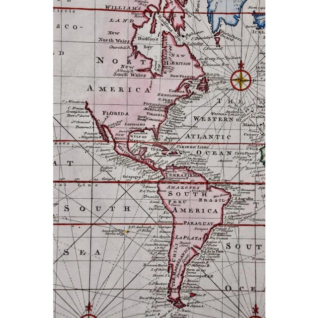 Traditional Map of the World: An Original 18th Century Hand-Colored Map by E. Bowen, 1744 For Sale - Image 3 of 8