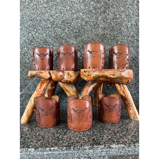 Vintage Western Style Leather Sleeves for Drinks Glasses/ Bottles Featuring Steers -Set of 7 For Sale - Image 17 of 17