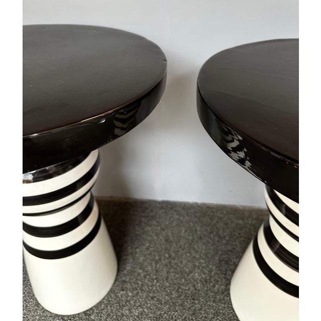 Ceramic Contemporary Pair of Black and White Ceramic Stripe Side Tables. Italy For Sale - Image 7 of 12