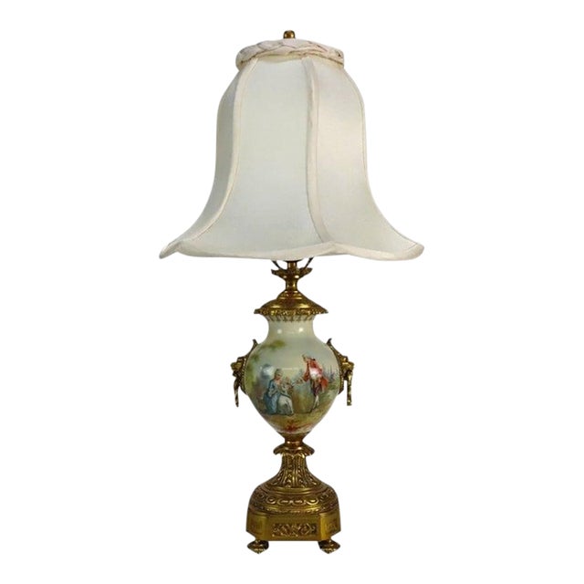 French Sevres Scenic Painted & Artist Signed Porcelain Lamp, Lion Head Handles For Sale