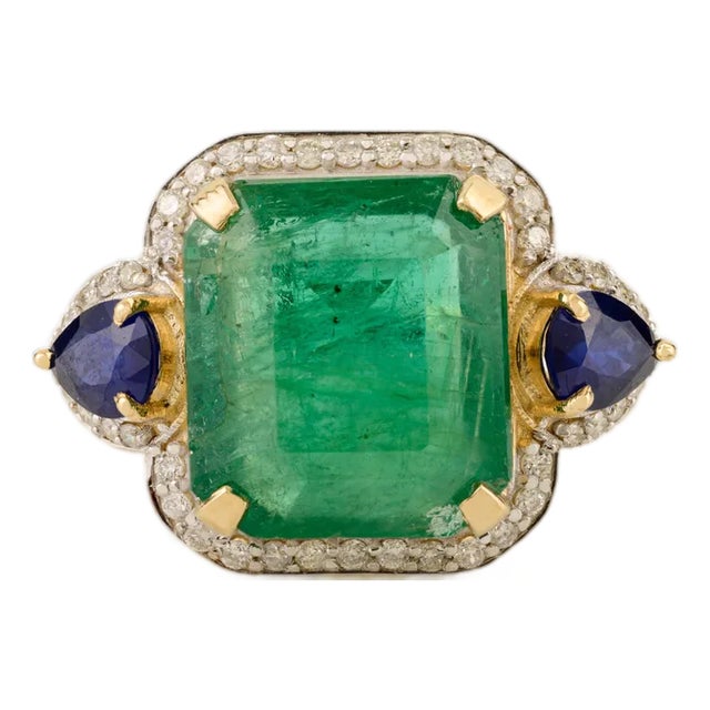 6.53 Carat Emerald Sapphire & Diamond 14k Gold Vintage Statement Ring Size 6 For Sale