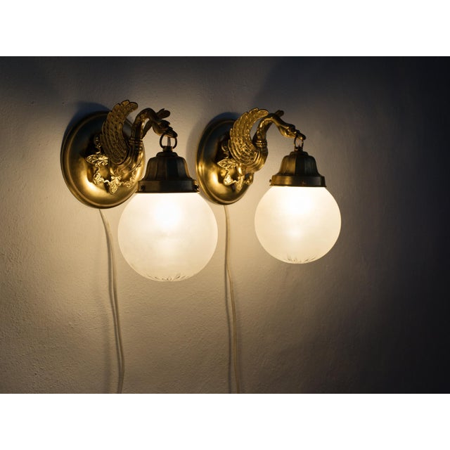 1950s Spanish Empire Chased Brass Swan Wall Sconces With Starburst Frosted Globes - A Pair For Sale - Image 13 of 13