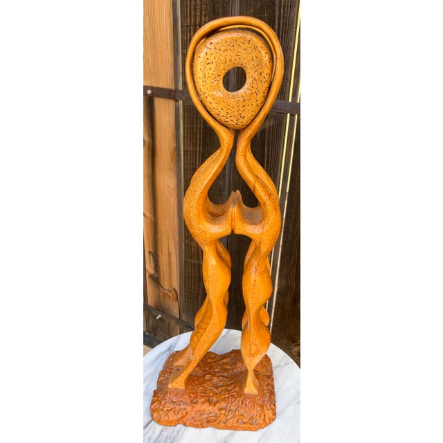 Vintage Mid Century Modern Abstract Hand Carved Wood Sculpture Two Figures Embracing 24” For Sale - Image 4 of 12