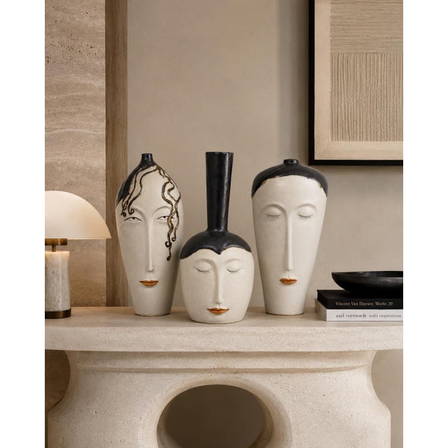 Vintage set of three postmodern figural ceramic vases featuring Art Nouveau-inspired faces, flowing raised glaze details,...