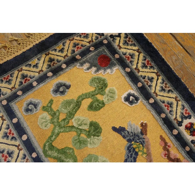 1930s Yellow Gold Scene Figural Antique Chinese Silk & Metallic Thread Rug 2'7" X 4'2" Wool Knotted Carpet For Sale - Image 9 of 12