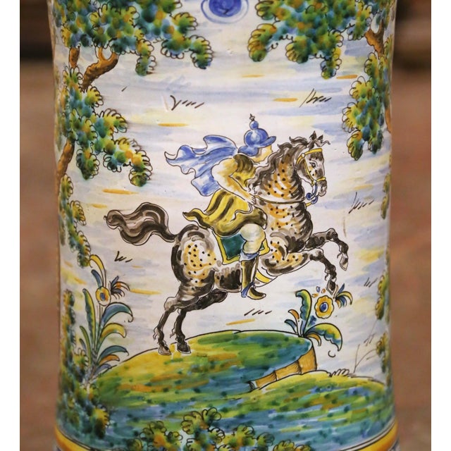 Mid-Century Italian Hand-Painted Majolica Umbrella Stand With Hunt Scene For Sale - Image 9 of 14