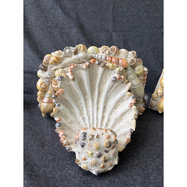 Large vintage set of 2 off white coastal, seashell wall brackets encrusted with natural seashells. Handcrafted in lovely...