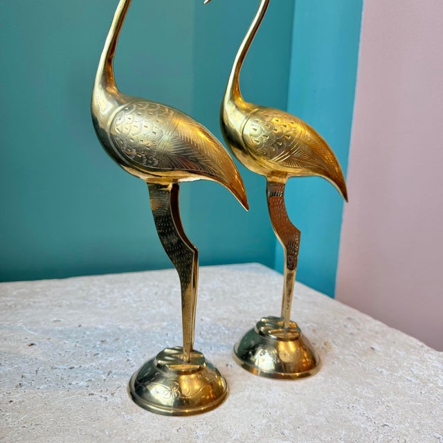 Mid-Century Modern Vintage Pair of Brass Etched Crane Statues For Sale - Image 3 of 7
