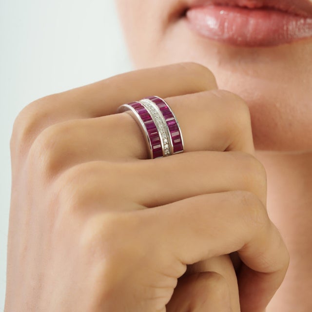 Art Deco Baguette Cut 3.16 Ct Ruby & Diamond Wide Anniversary Band Ring, Size 7 For Sale - Image 6 of 14