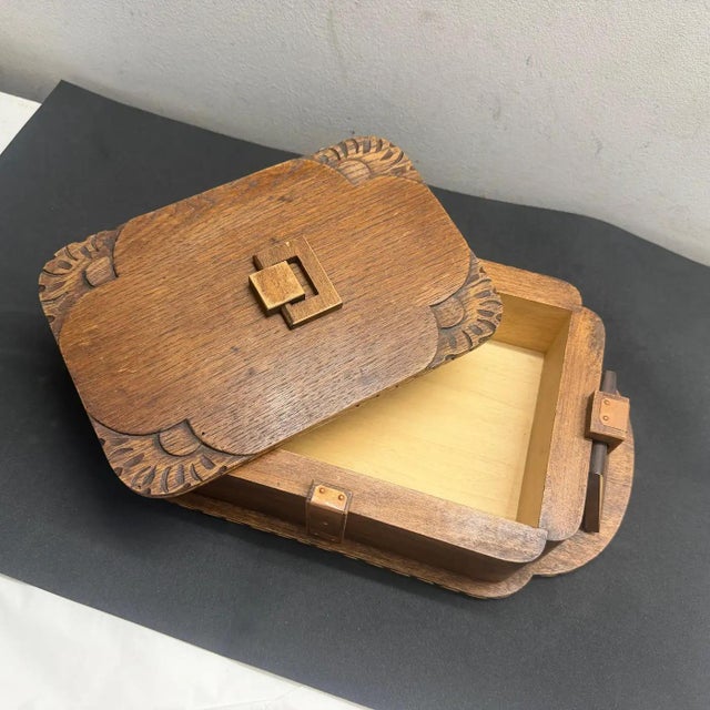 1930s Art Deco Hand-Carved Oak, Maple Wood and Brass Huge French Box For Sale - Image 10 of 15