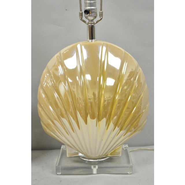 Late 20th Century Mid Century Modern Iridescent Gold Ceramic Pottery Clam Shell Table Lamp - Pair For Sale - Image 4 of 15