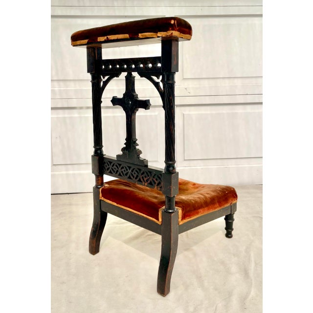 Textile 19th Century Gothic Revival Prie-Dieu Prayer Chair With Carved Cross and Velvet Upholstery For Sale - Image 7 of 16