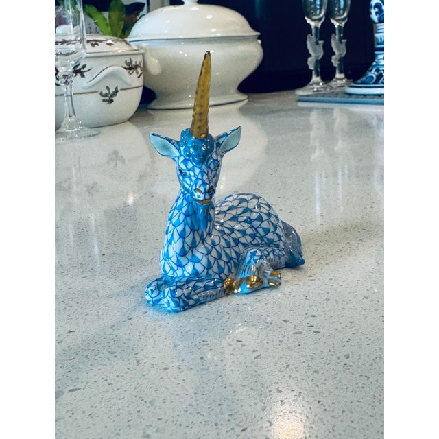 Classic Sapphire Blue Fishnet Pattern Herend Hand Painted Reclining Unicorn W/ 22k Gold Accents For Sale In Savannah - Image 6 of 10