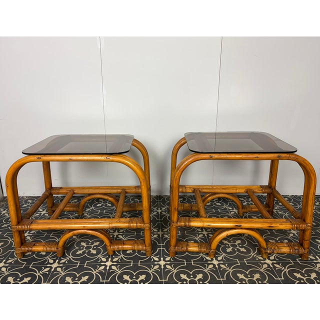Mid-Century Modern Italian Bamboo and Rattan Side Tables with Smoked Glass, 1950s, Set of 2 For Sale - Image 18 of 18